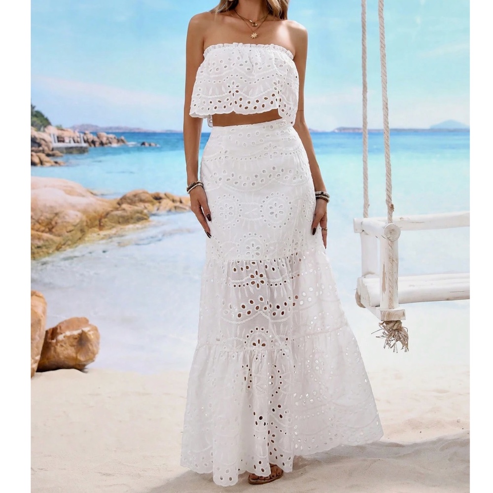 Boho White Eyelet Embroidered Crop Top Maxi Skirt Set - Picture 1 of 6